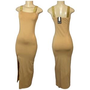 Regine Chevallier Taupe And Gold High Slit Dress The Santorini Size Small